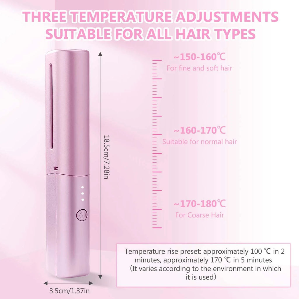 Rechargeable Mini Cordless Hair Straightener Brush – Portable Hot Comb with Negative Ions (Pink)