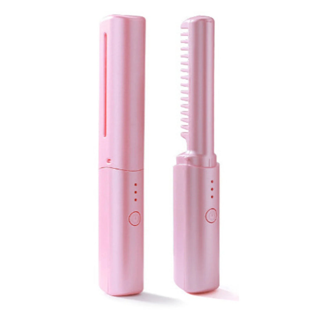 Rechargeable Mini Cordless Hair Straightener Brush – Portable Hot Comb with Negative Ions (Pink)
