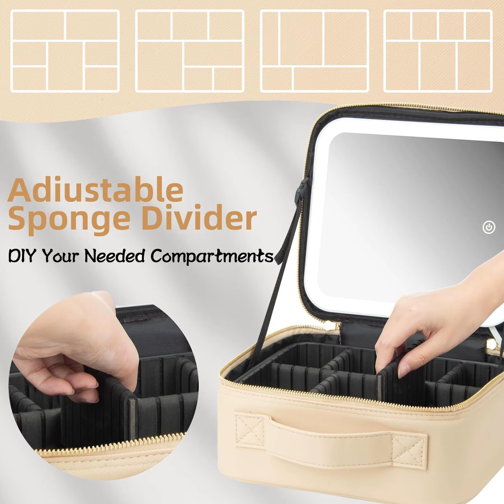 LED Lighted Makeup Bag with Mirror – 3‑Color LED Travel Makeup Case with Adjustable Dividers