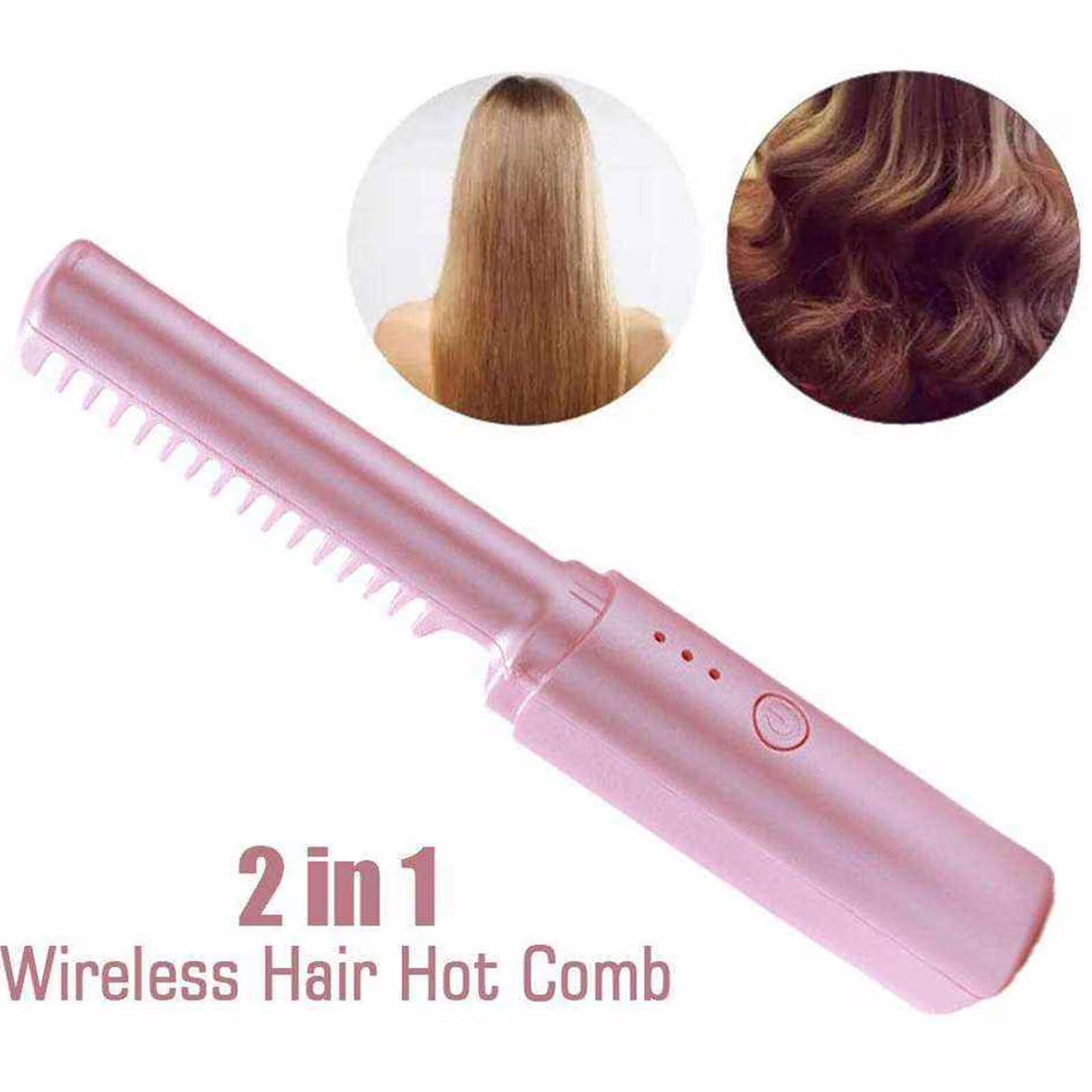 Rechargeable Mini Cordless Hair Straightener Brush – Portable Hot Comb with Negative Ions (Pink)