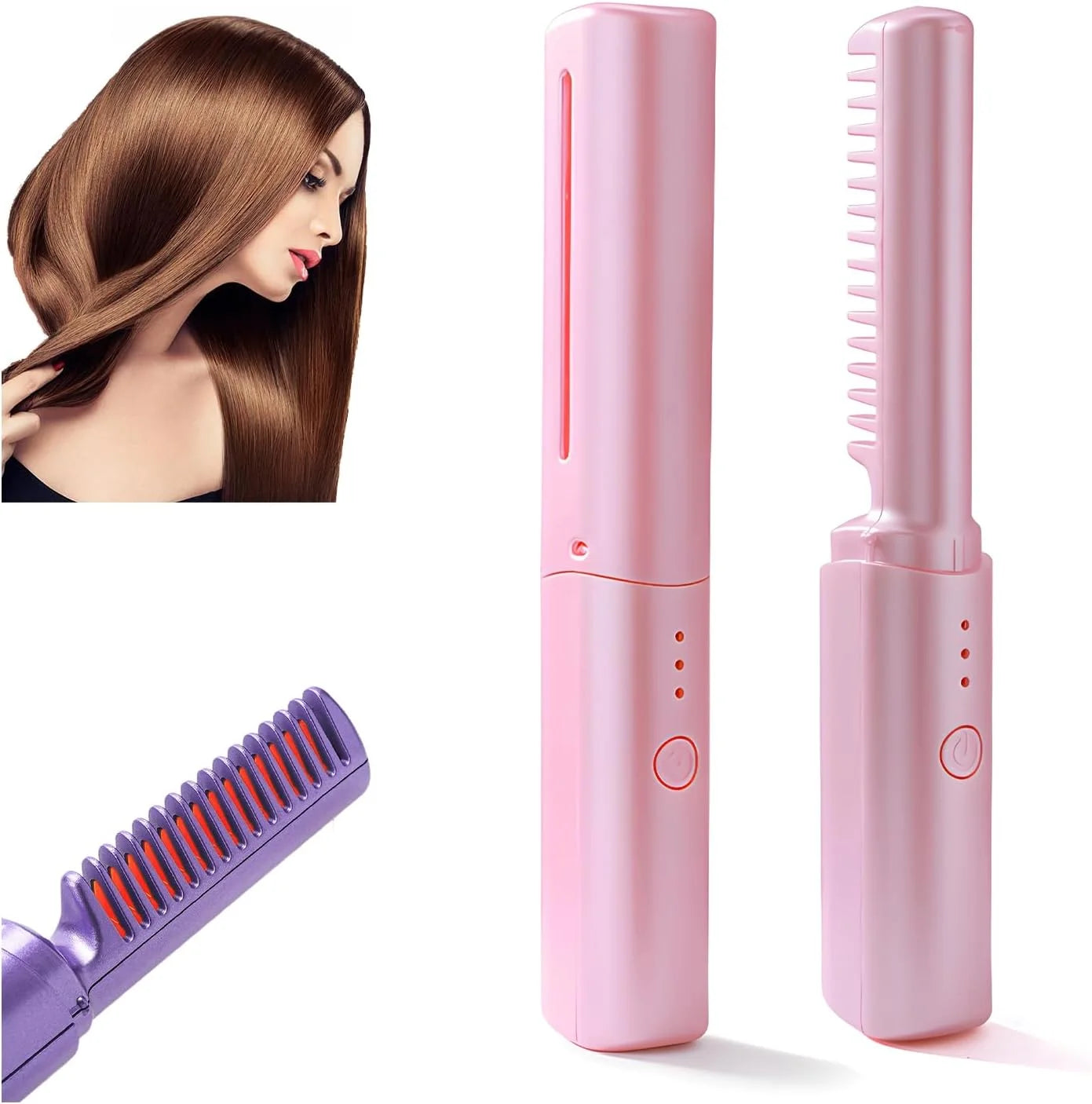 Rechargeable Mini Cordless Hair Straightener Brush – Portable Hot Comb with Negative Ions (Pink)