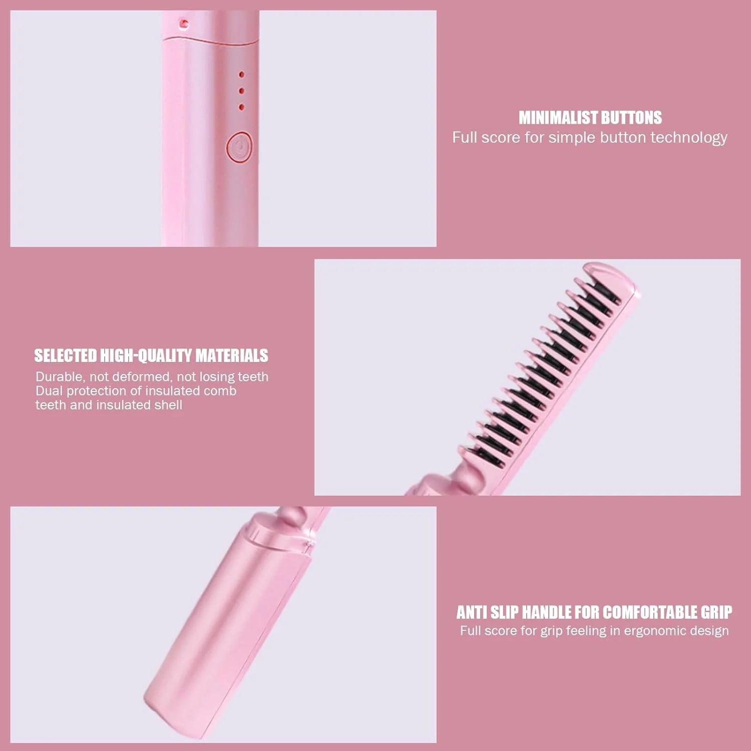 Rechargeable Mini Cordless Hair Straightener Brush – Portable Hot Comb with Negative Ions (Pink)